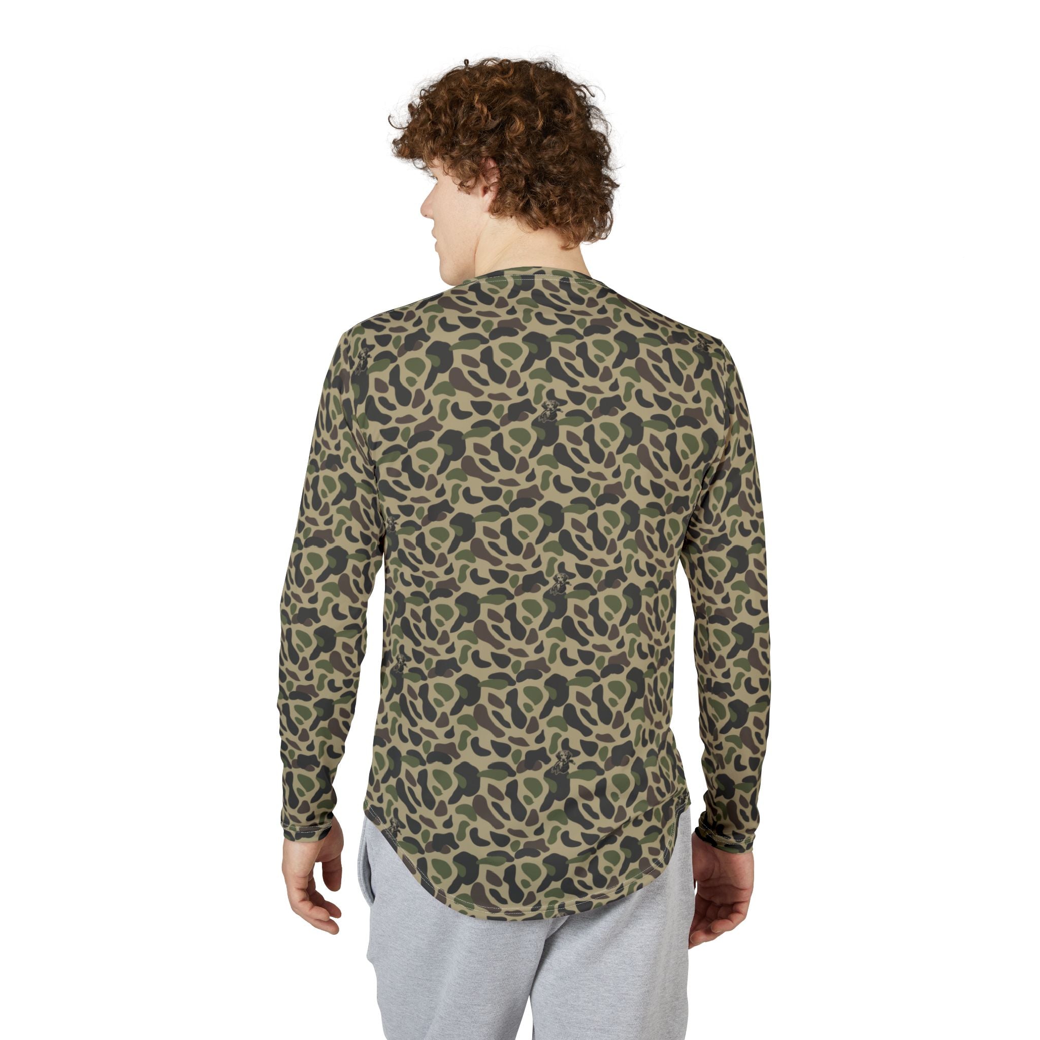 RiverDog Duck Hunting Camo Long Sleeve UV Shirt — All-Over Olive Leopard Print