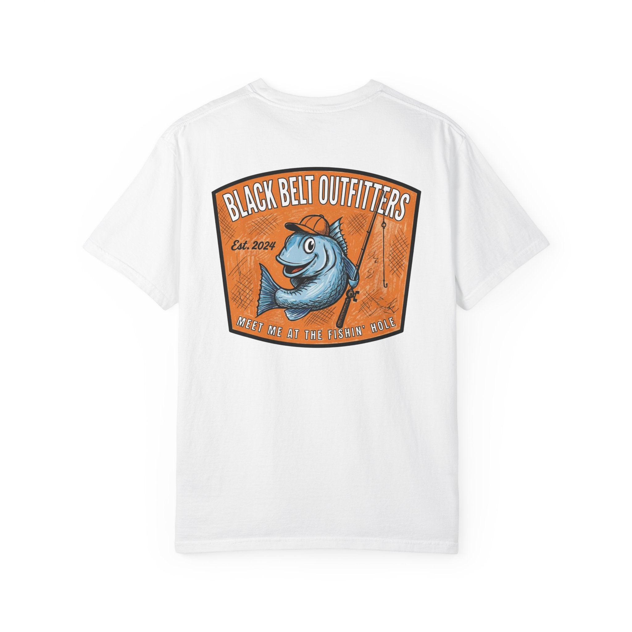 Meet Me at the Fishin’ Hole Fishing Logo T-Shirt — “Black Belt Outfitters” Vintage Fish Graphic