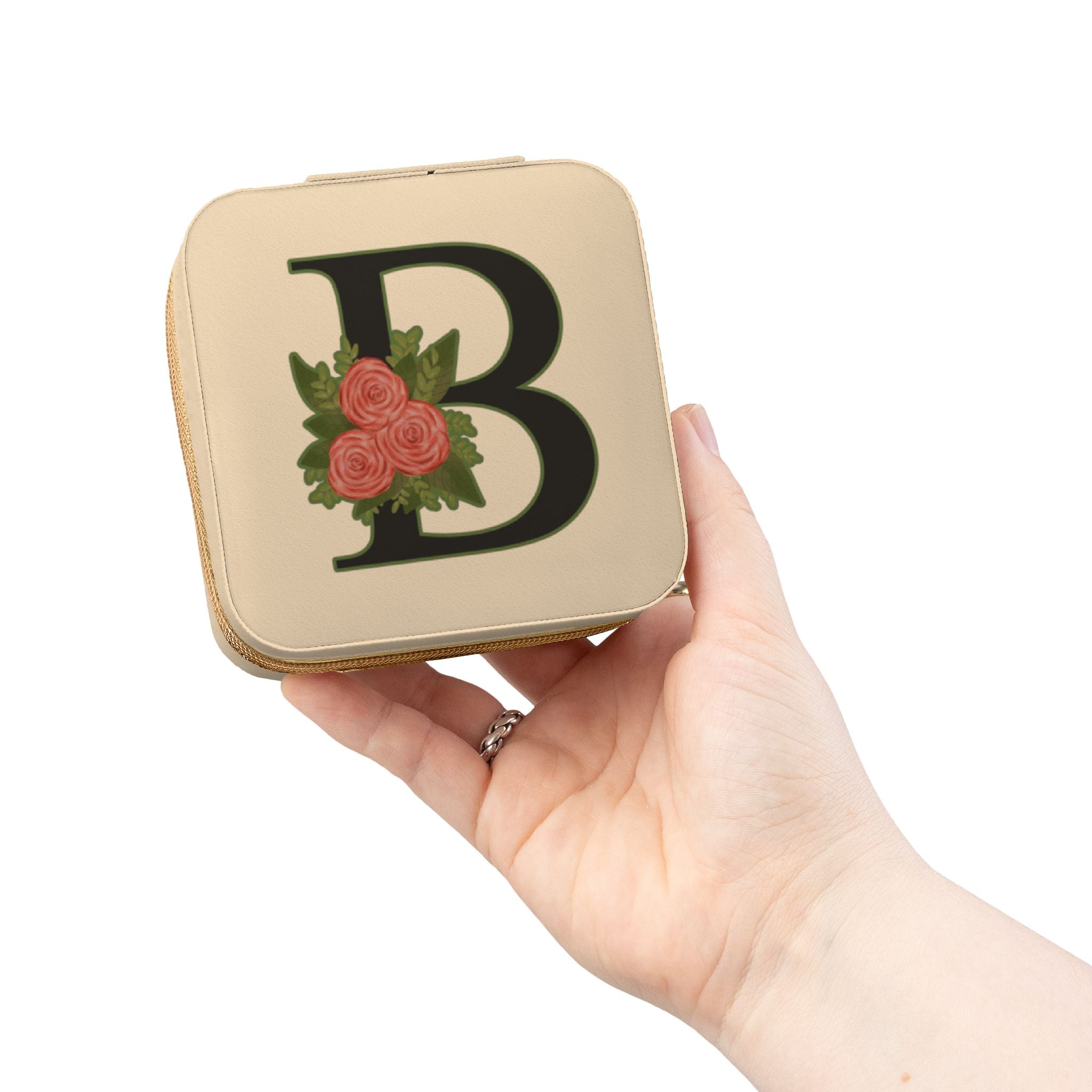 Monogram 'B' Floral Jewelry Travel Case — Compact Pink Jewelry Organizer