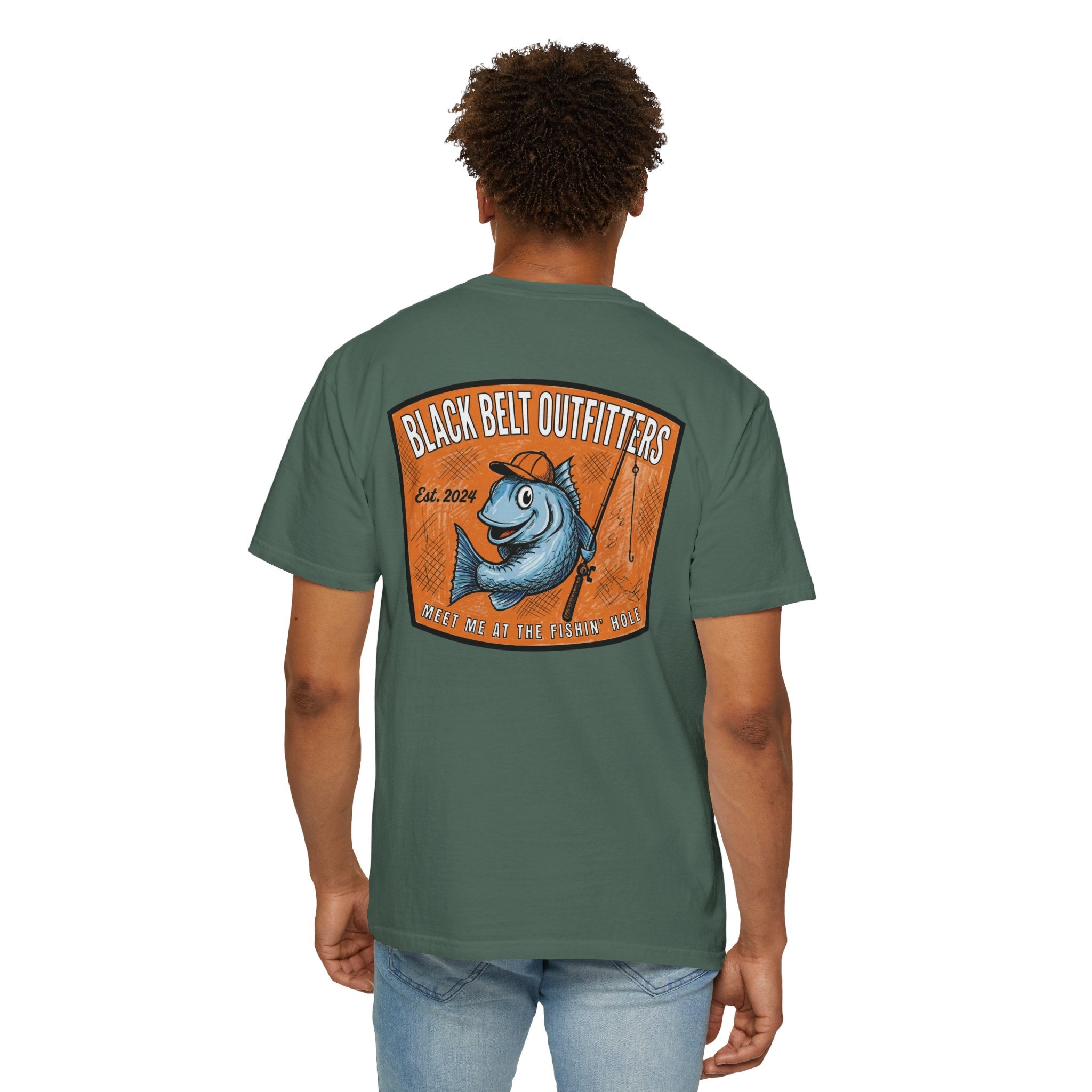 Meet Me at the Fishin’ Hole Fishing Logo T-Shirt — “Black Belt Outfitters” Vintage Fish Graphic