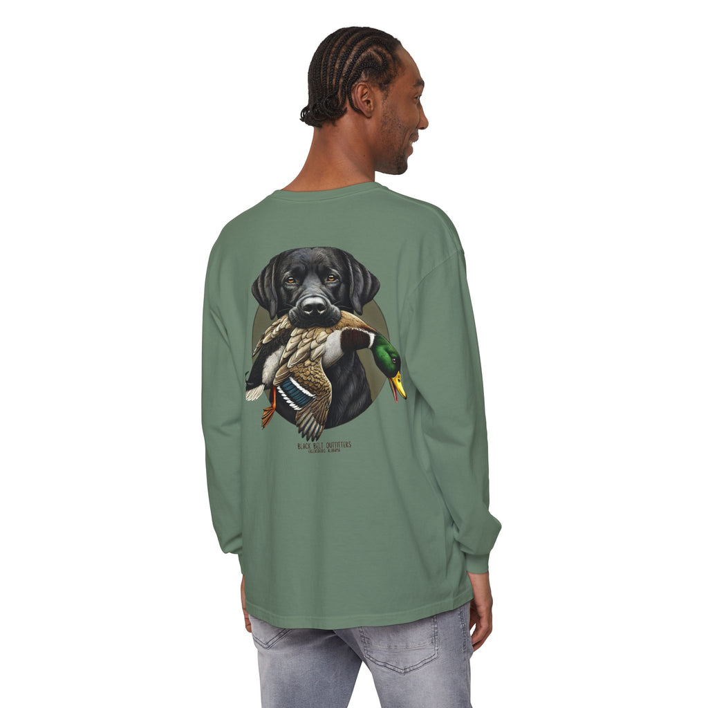 Black Lab Duck Dog Unisex Garment-Dyed Long Sleeve T-Shirt, Casual Wear, Gift for Him/Her, Streetwear, Everyday Comfort, Comfortable Layering