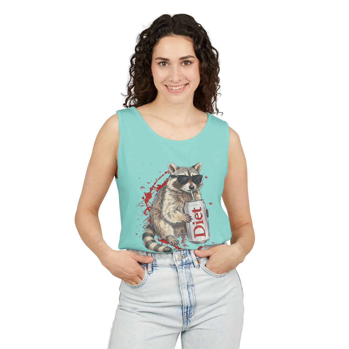 Soda Drinking, Sunglasses, Raccoon Tank Top
