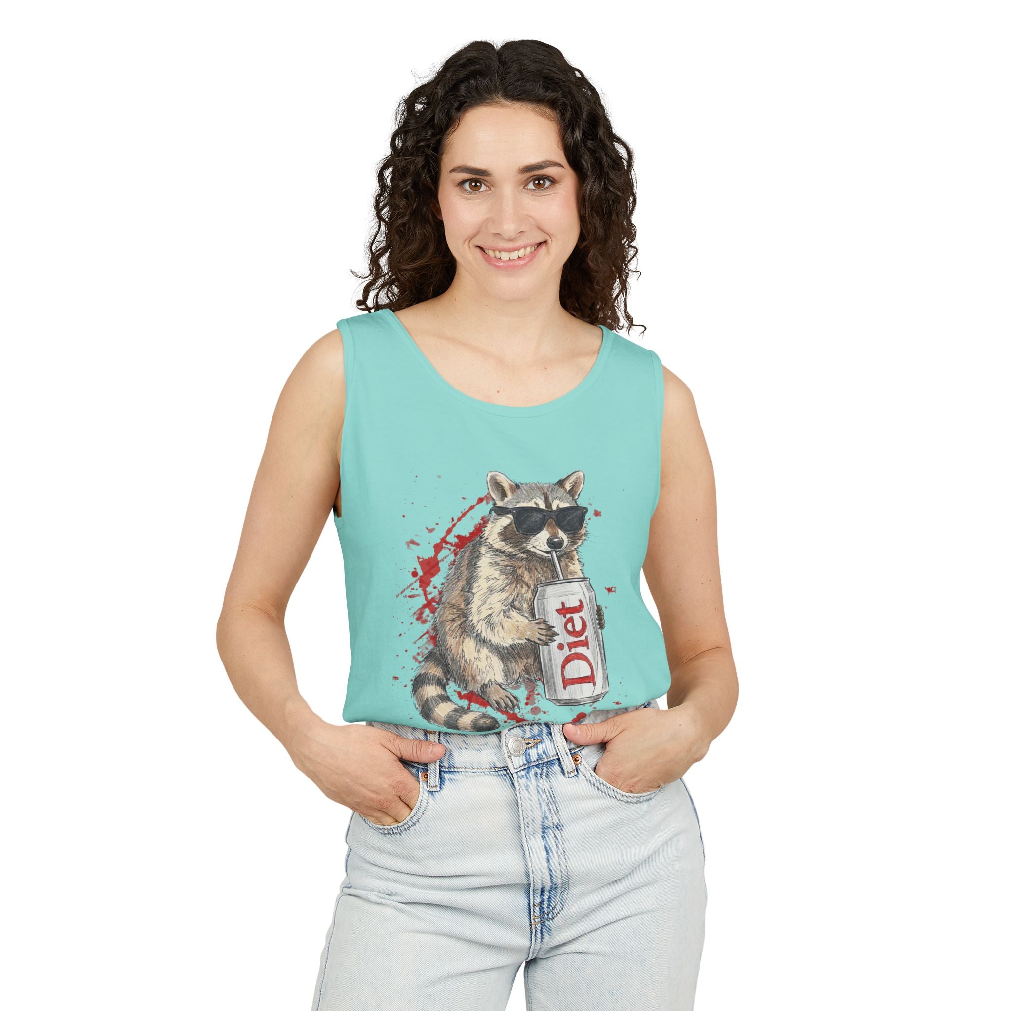 Soda Drinking, Sunglasses, Raccoon Tank Top