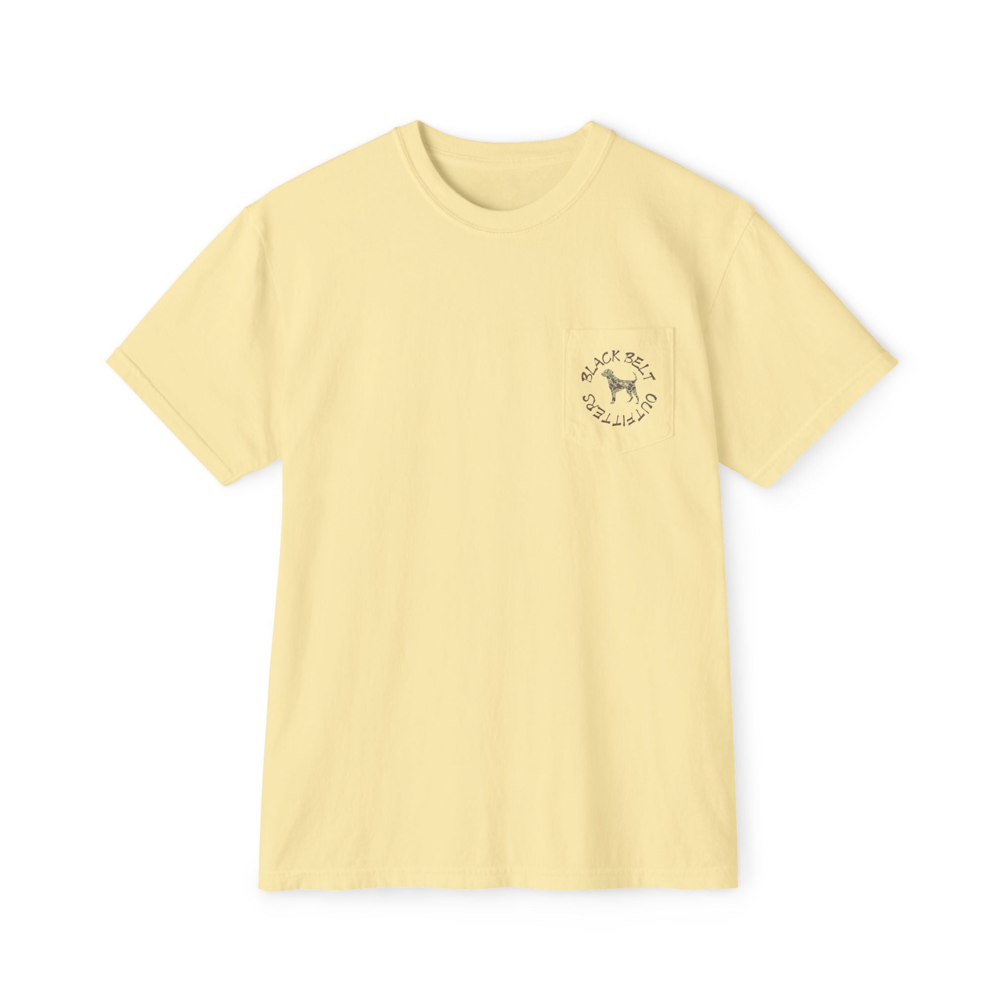 Black belt outfitters hunting, hunting dog , Custom design , Raise them outdoors , Duck hunting , ducks Unisex Garment-Dyed Pocket T-Shirt