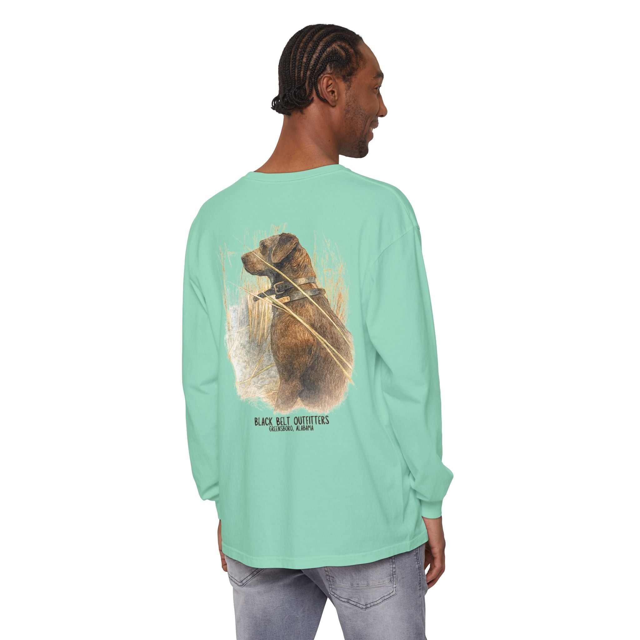 Mae the Duck Dog Lab Unisex Garment-Dyed Long Sleeve T-Shirt, Casual Wear, Gift for Him/Her, Streetwear, Everyday Comfort, Comfortable Layering