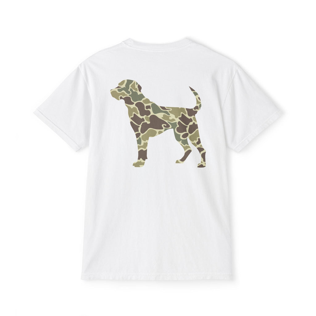 Black belt outfitters hunting dog , old camo, Custom design , Raise them outdoors , Duck hunting , ducks Unisex Garment-Dyed Pocket T-Shirt