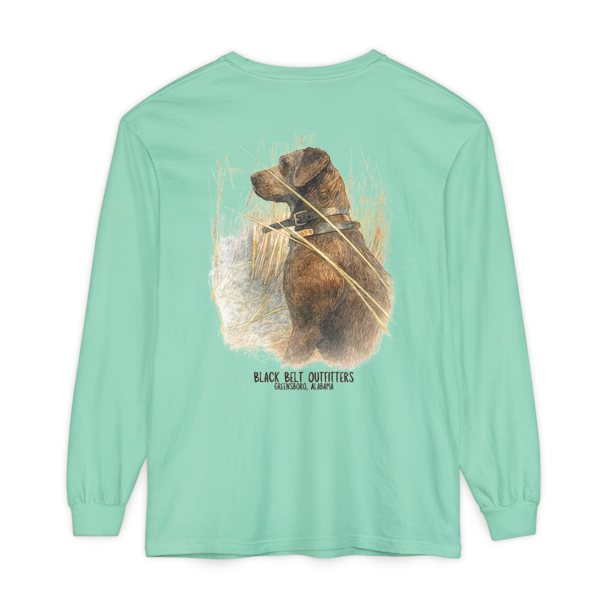 Mae the Duck Dog Lab Unisex Garment-Dyed Long Sleeve T-Shirt, Casual Wear, Gift for Him/Her, Streetwear, Everyday Comfort, Comfortable Layering