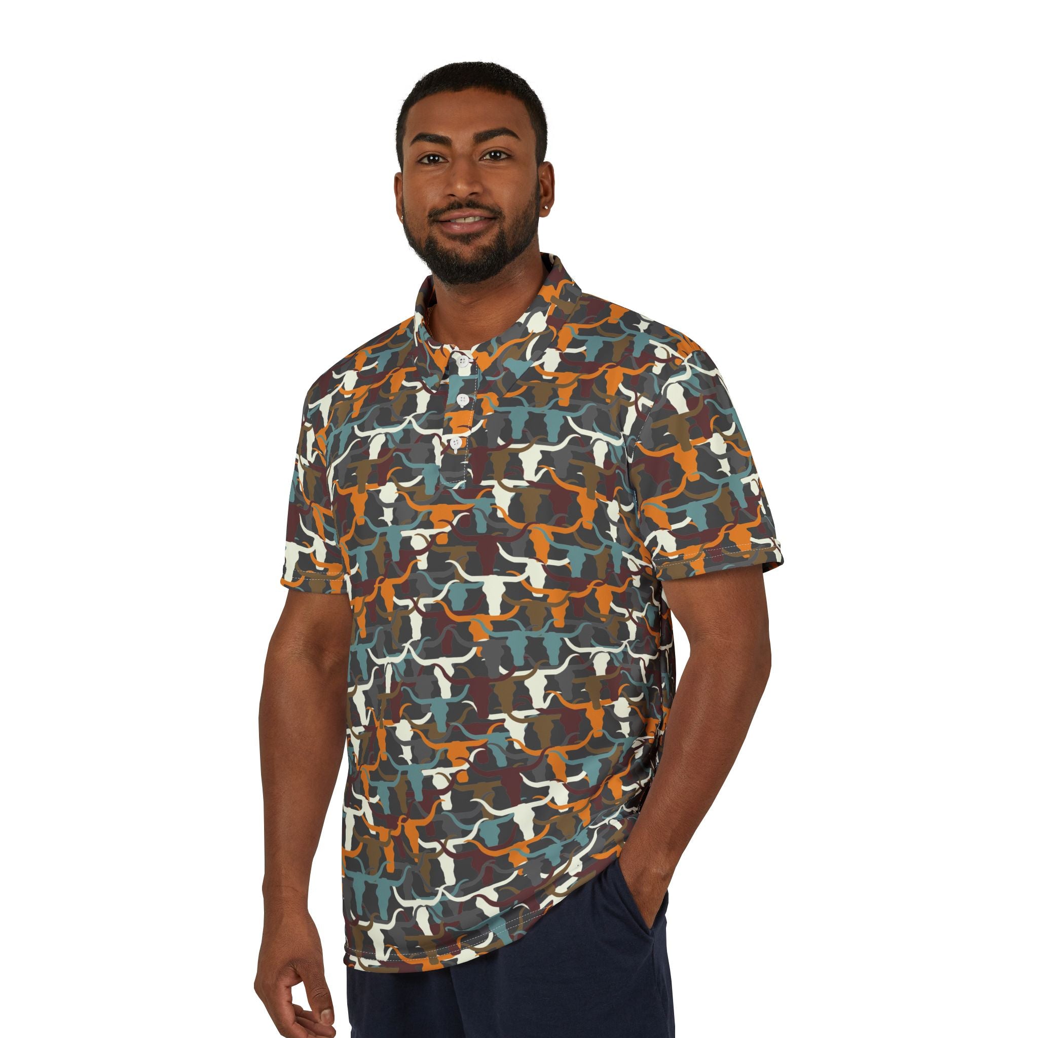Custom Longhorn Camo Unisex Polo Shirt, Casual Wear, Outdoor Adventures, Gift for Him, Summer Look