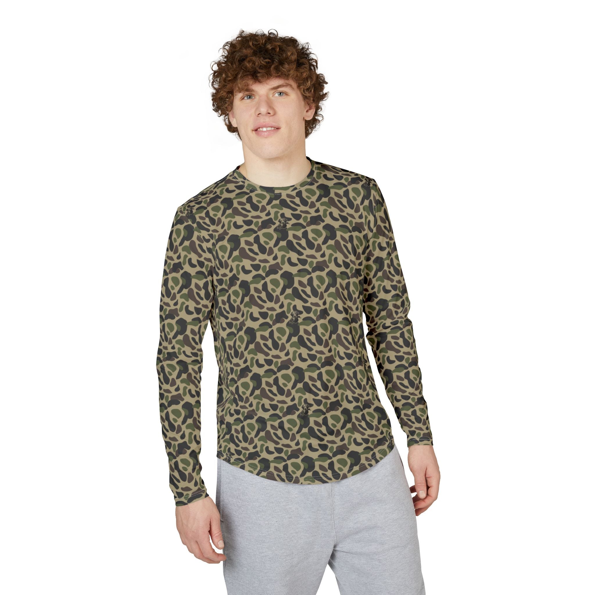 RiverDog Duck Hunting Camo Long Sleeve UV Shirt — All-Over Olive Leopard Print