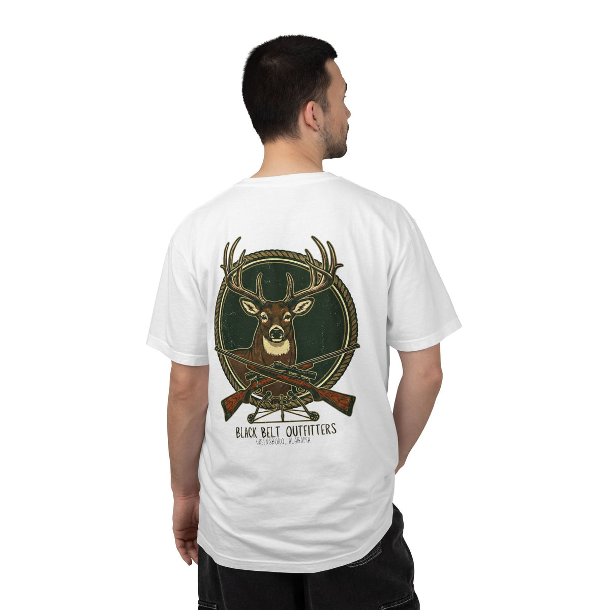 Deer Rifle Graphic T-Shirt — 'Black Belt Outfitters' Hunting Tee