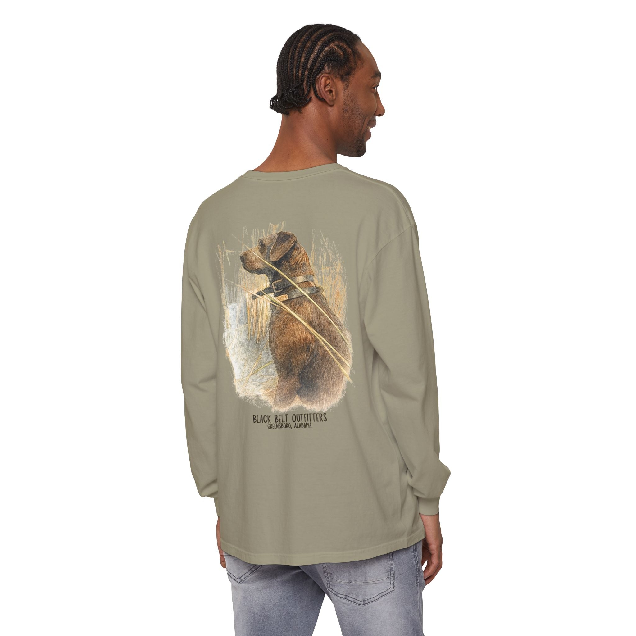 Mae the Duck Dog Lab Unisex Garment-Dyed Long Sleeve T-Shirt, Casual Wear, Gift for Him/Her, Streetwear, Everyday Comfort, Comfortable Layering