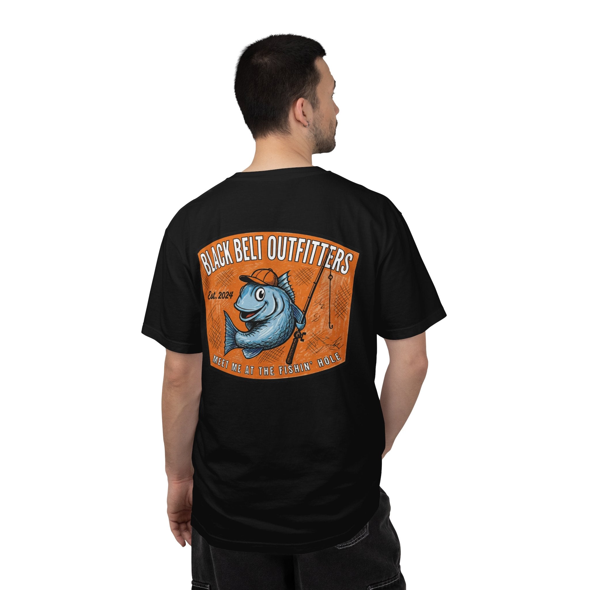 Meet Me at the Fishin’ Hole Fishing Logo T-Shirt — “Black Belt Outfitters” Vintage Fish Graphic