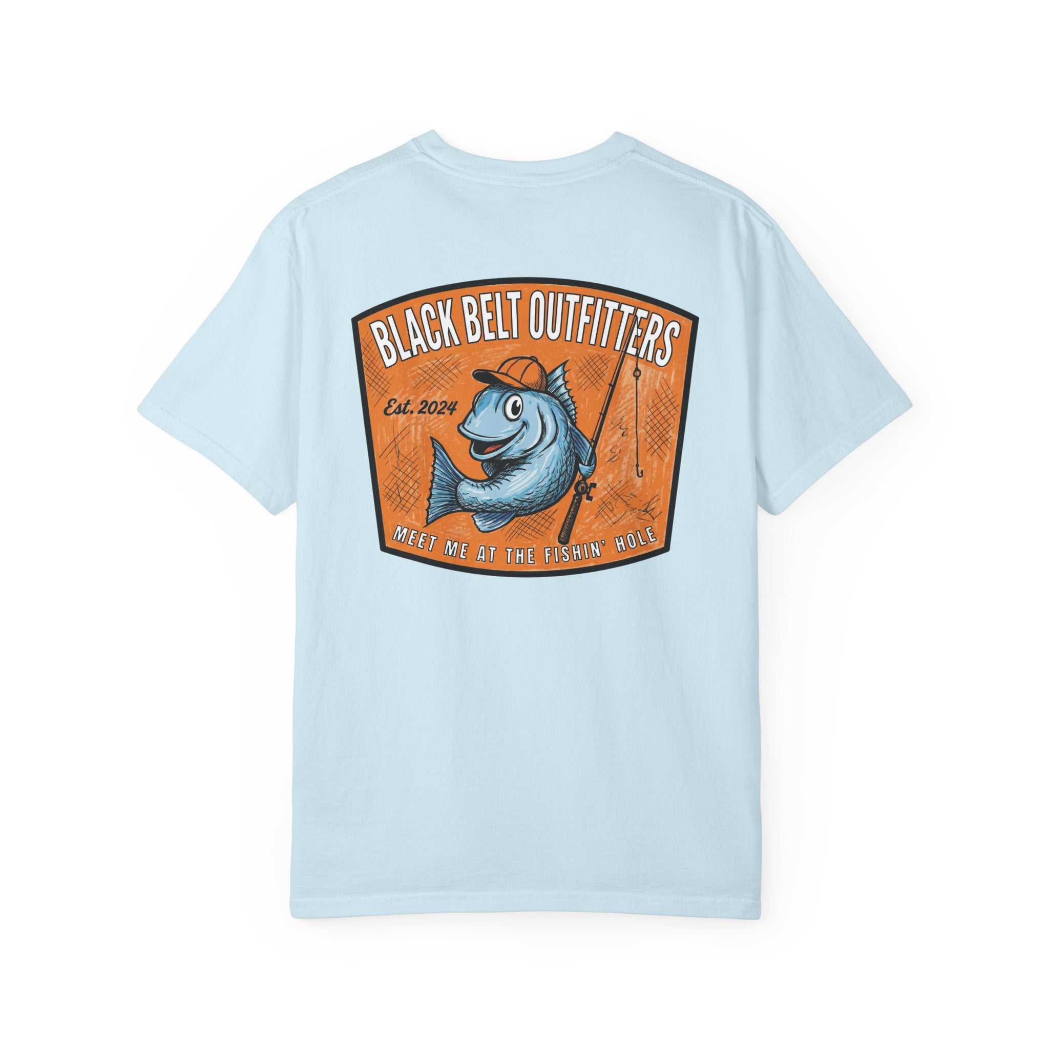 Meet Me at the Fishin’ Hole Fishing Logo T-Shirt — “Black Belt Outfitters” Vintage Fish Graphic