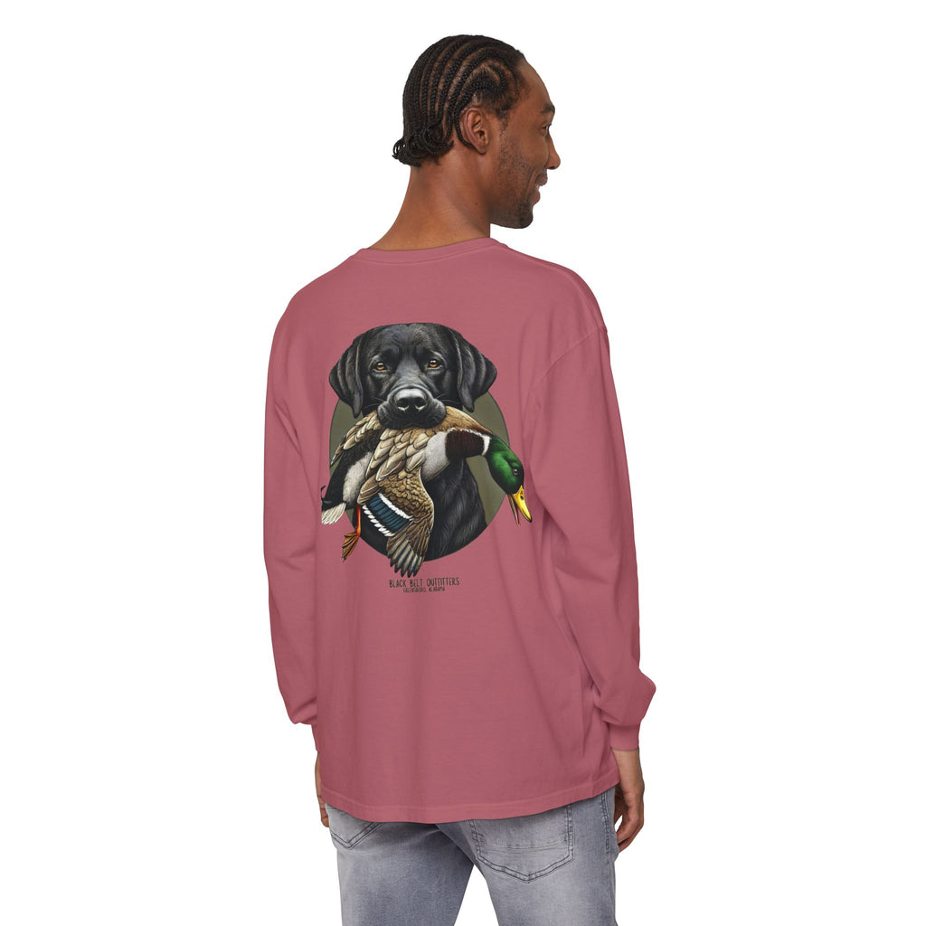 Black Lab Duck Dog Unisex Garment-Dyed Long Sleeve T-Shirt, Casual Wear, Gift for Him/Her, Streetwear, Everyday Comfort, Comfortable Layering