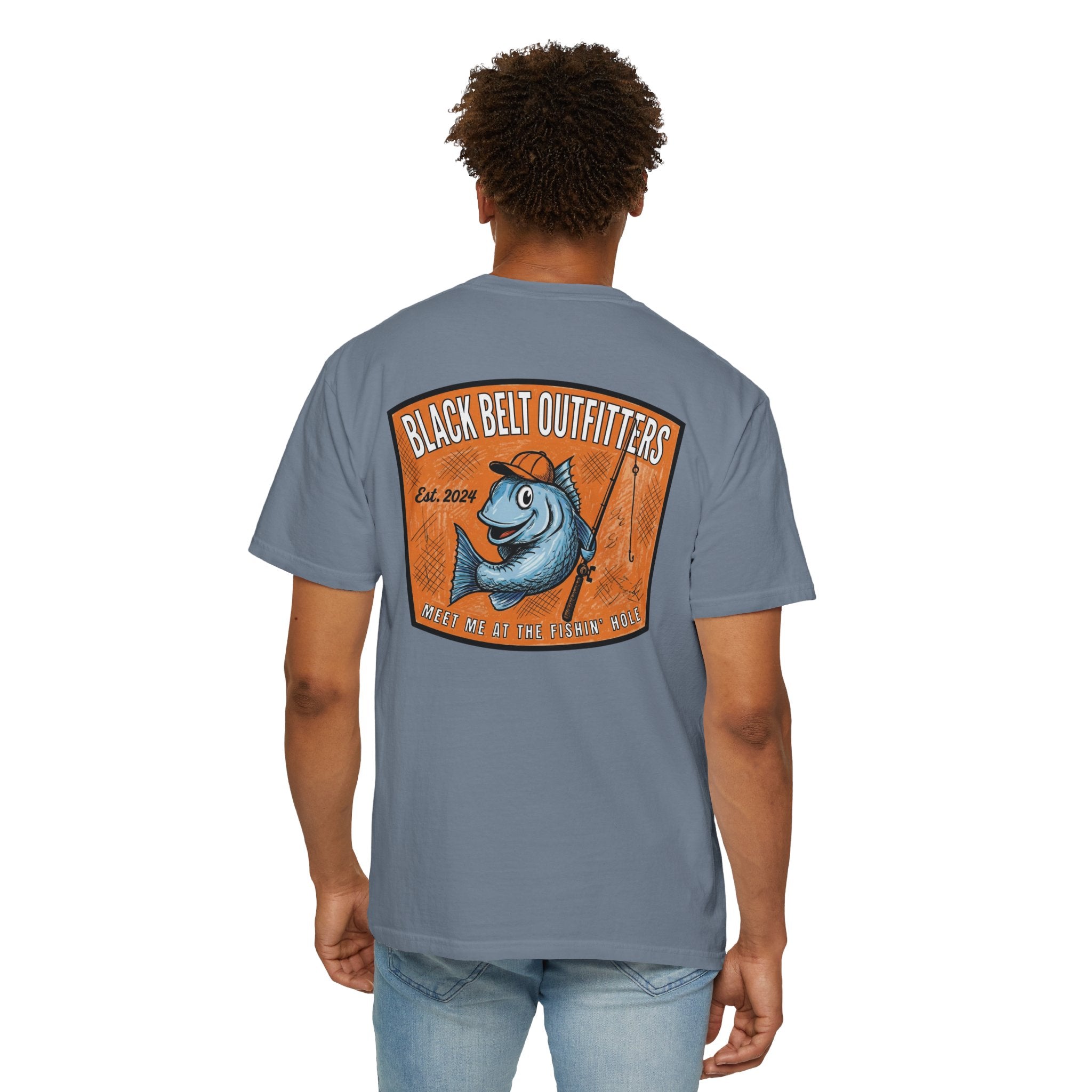Meet Me at the Fishin’ Hole Fishing Logo T-Shirt — “Black Belt Outfitters” Vintage Fish Graphic