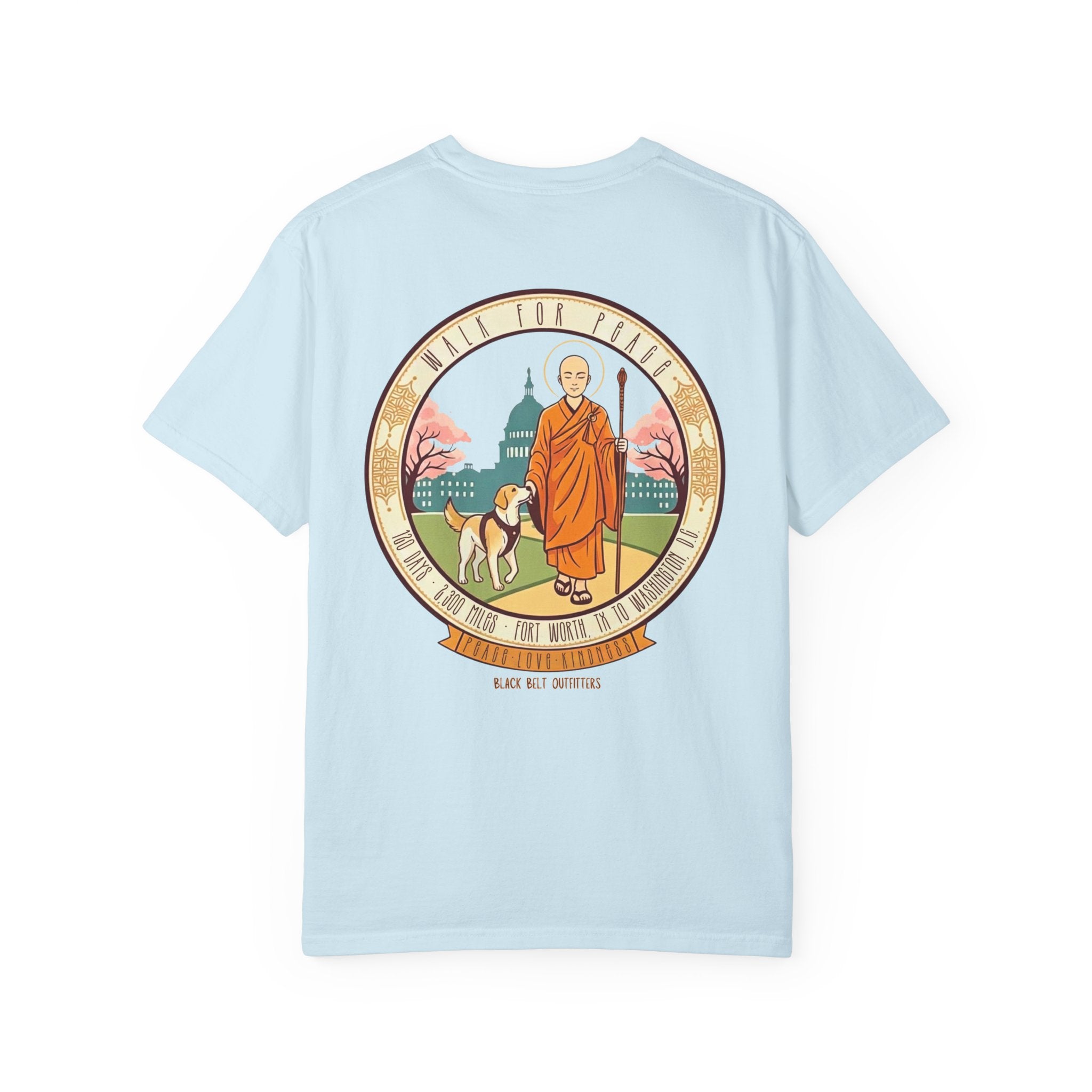 Walk for Peace T‑Shirt — Buddhist Monk & Dog Illustration