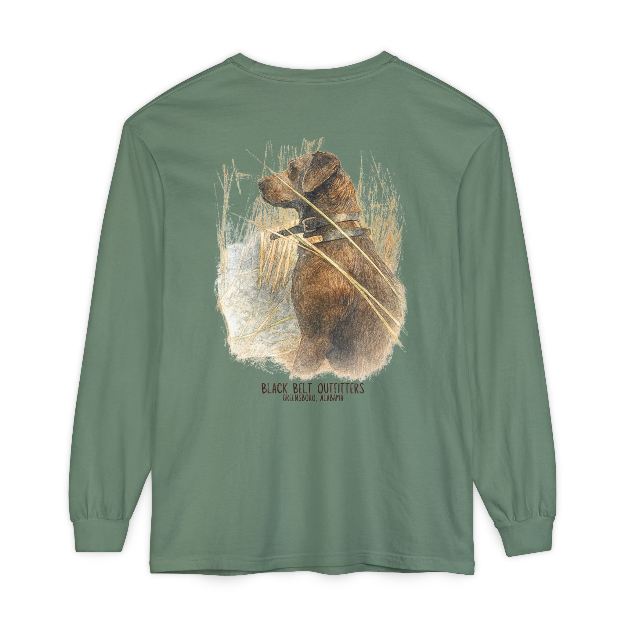 Mae the Duck Dog Lab Unisex Garment-Dyed Long Sleeve T-Shirt, Casual Wear, Gift for Him/Her, Streetwear, Everyday Comfort, Comfortable Layering