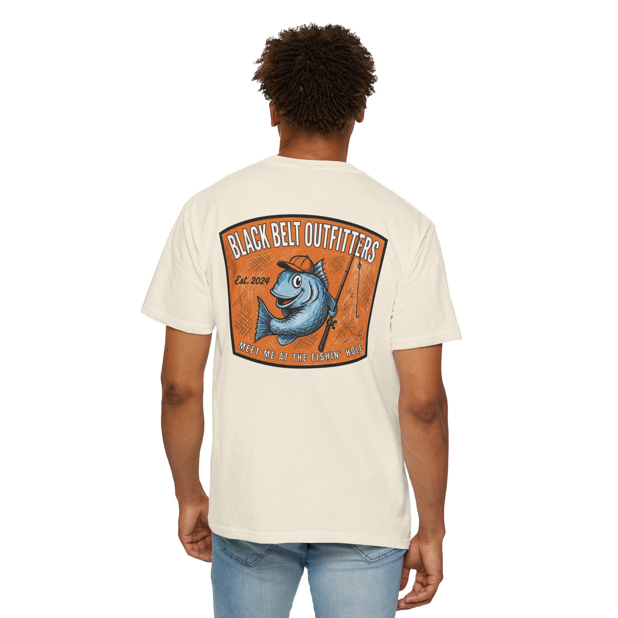 Meet Me at the Fishin’ Hole Fishing Logo T-Shirt — “Black Belt Outfitters” Vintage Fish Graphic