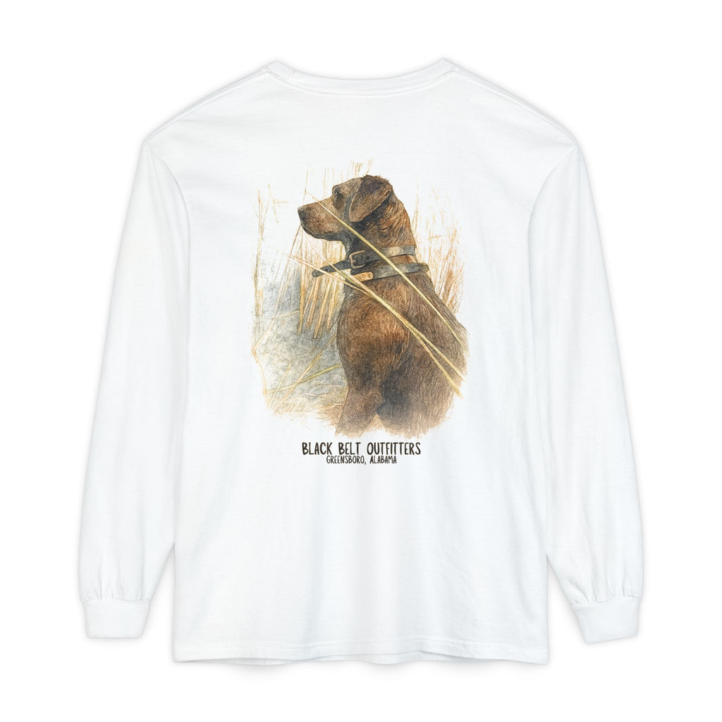 Mae the Duck Dog Lab Unisex Garment-Dyed Long Sleeve T-Shirt, Casual Wear, Gift for Him/Her, Streetwear, Everyday Comfort, Comfortable Layering