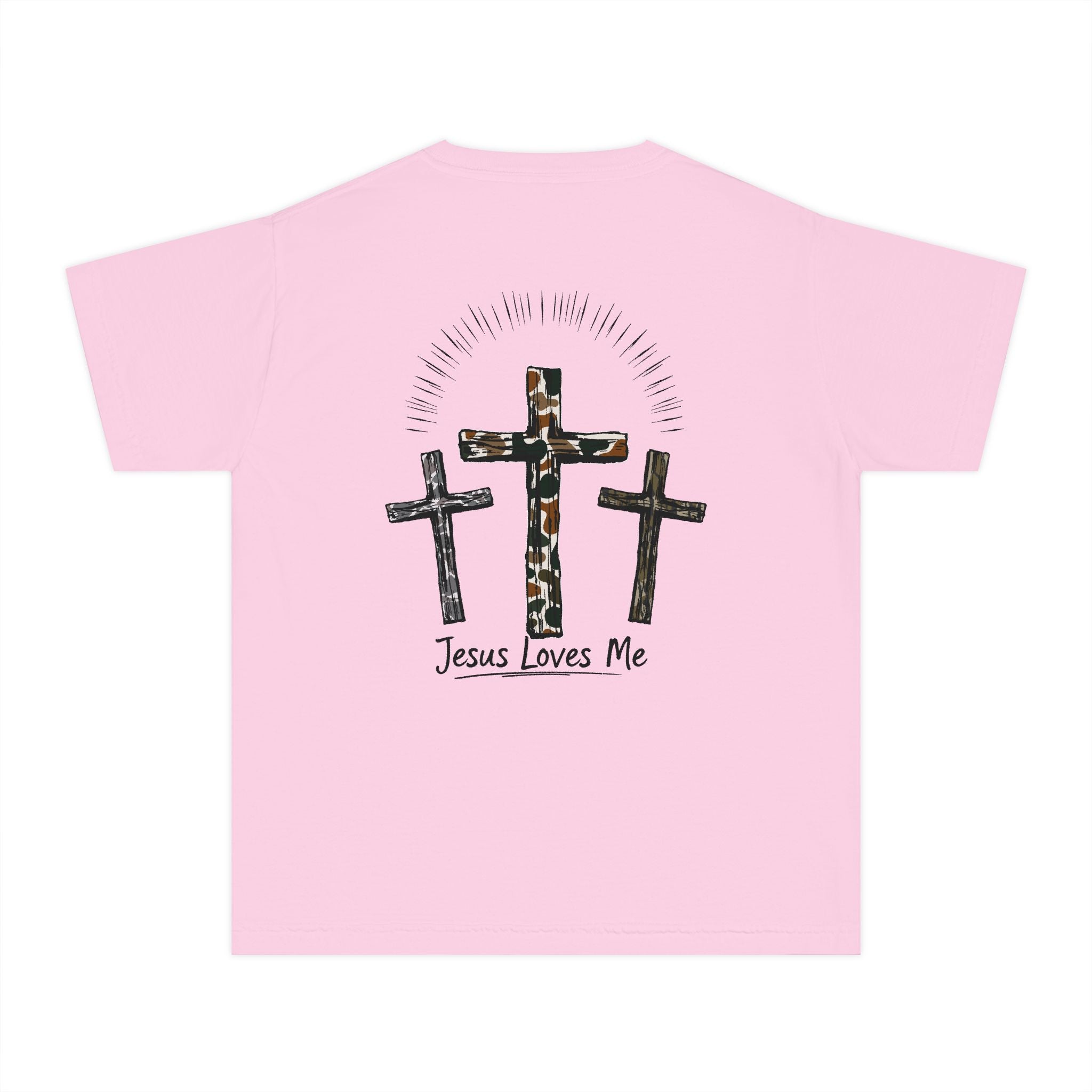 JESUS LOVES ME Camo Crosses Youth Midweight Tee - Fun Farm-Themed Shirt
