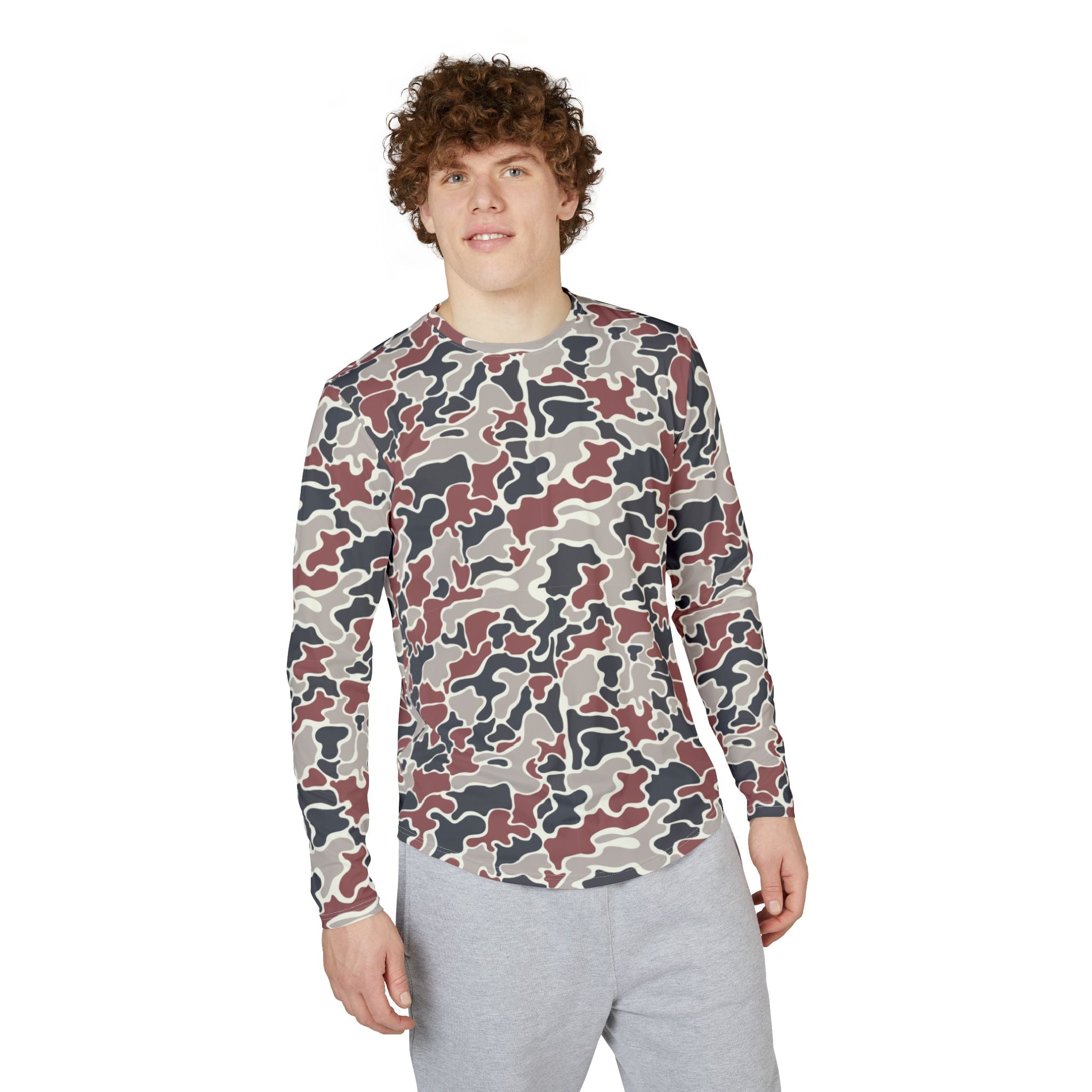 Collegiate Crimson Camo UV Protection Long Sleeve Shirt for Men | Perfect for Hiking, Fishing, Beach Days, Casual Wear