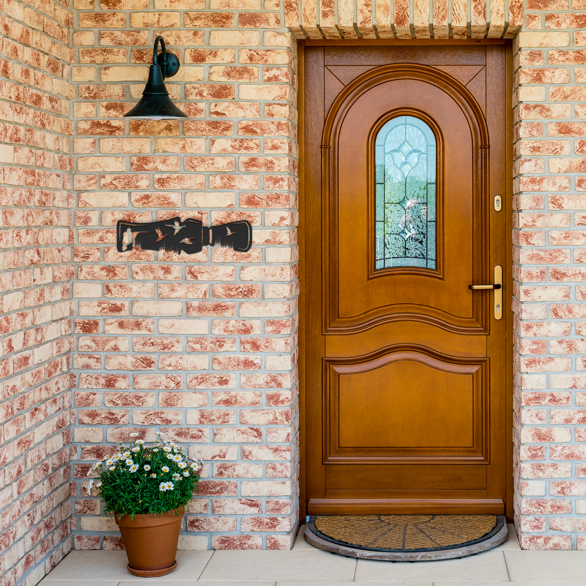 Duck_Call_Metal_Sign_Black_Brick_Entrance_Mockup.png